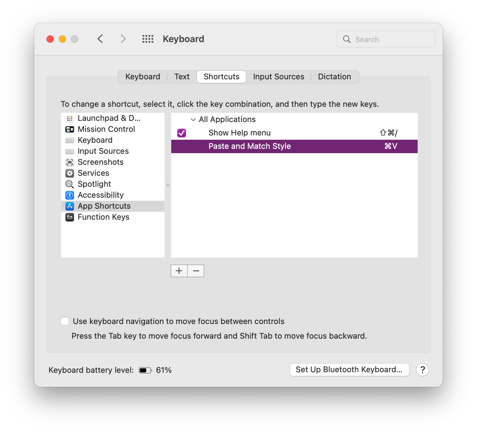 Screenshot from macOS showing Keyboard shortcuts settings
